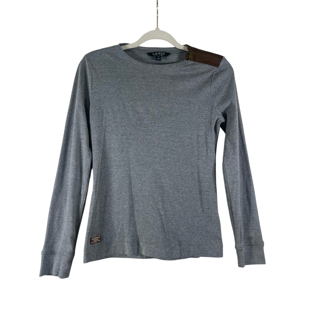 Lauren Ralph Lauren Gray Knit‎ Top Suede/Leather Zipper Shoulder M